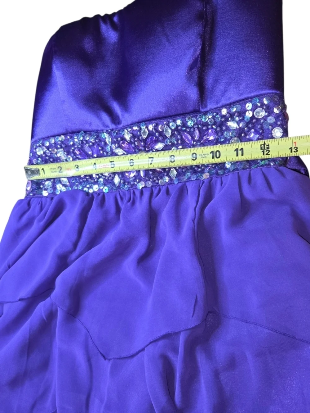 Sequin Hearts Purple Bejeweled Waist Layered Chiffon Prom Dress
